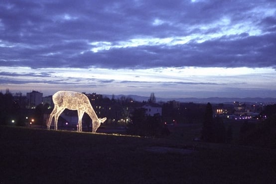 lit wire sculpture of deer grazing